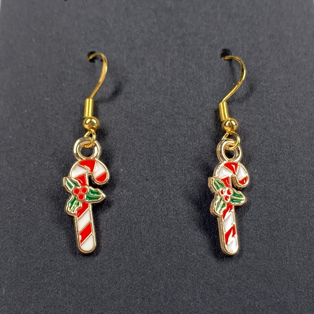 5/$25 Christmas Earrings Candy Cane with Holly Red White Enamel Dangle Gold Tone